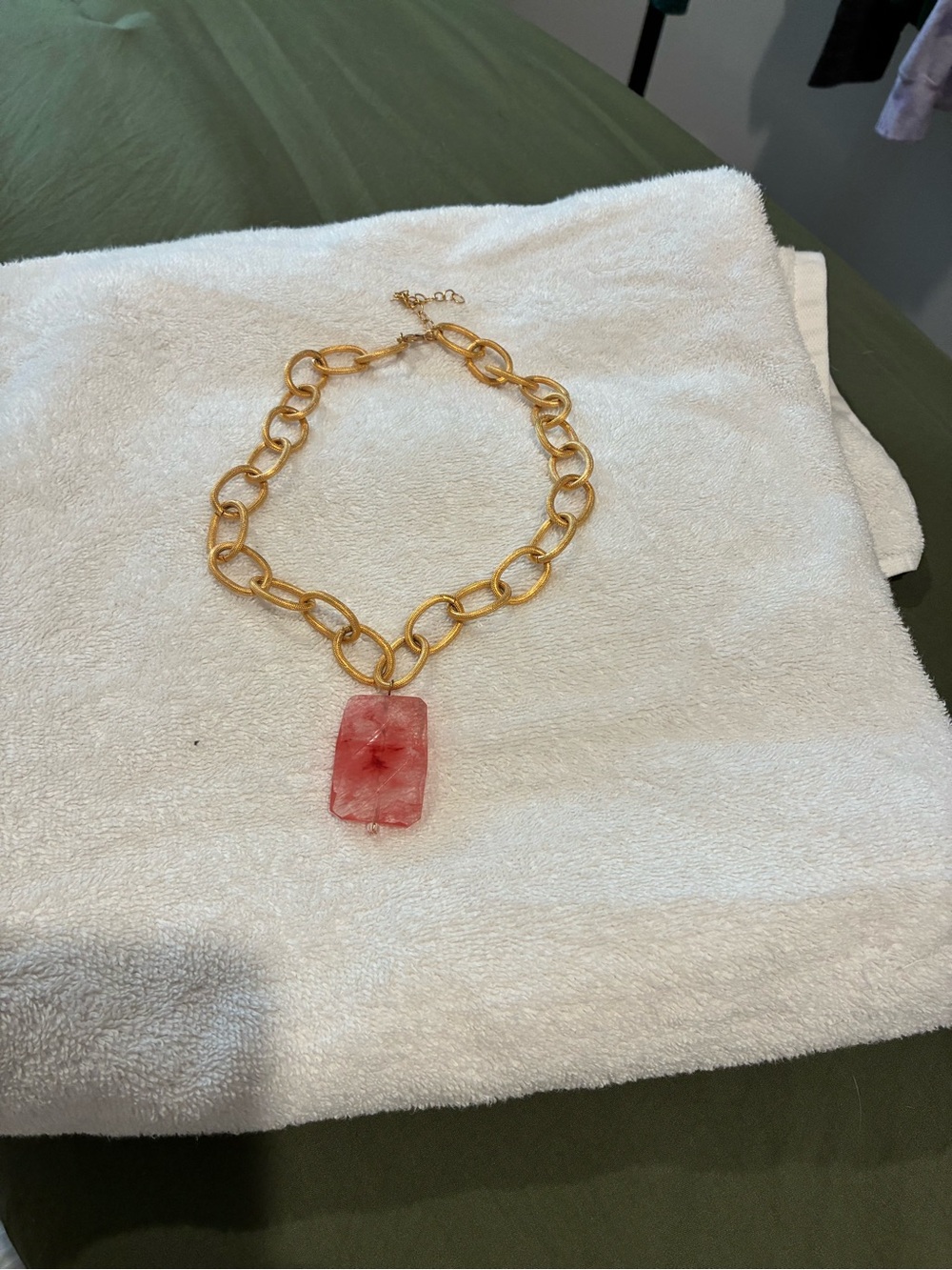 Gold Link Necklace with Pink Rectangular Pendant
